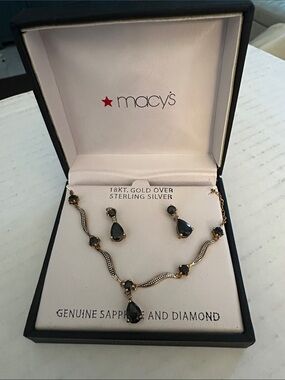 Macy's Gold Over Sterling Silver Black Sapphire Teardrop Necklace & Earrings